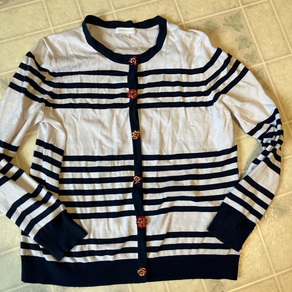 Charter club striped snap front‎ Cardigan embellished flower snaps